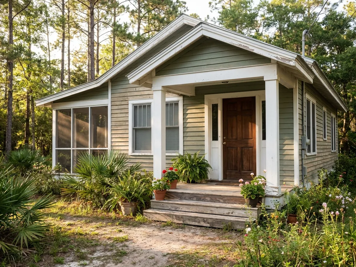 Sage cottage with a porch and a fern-lined garden path
