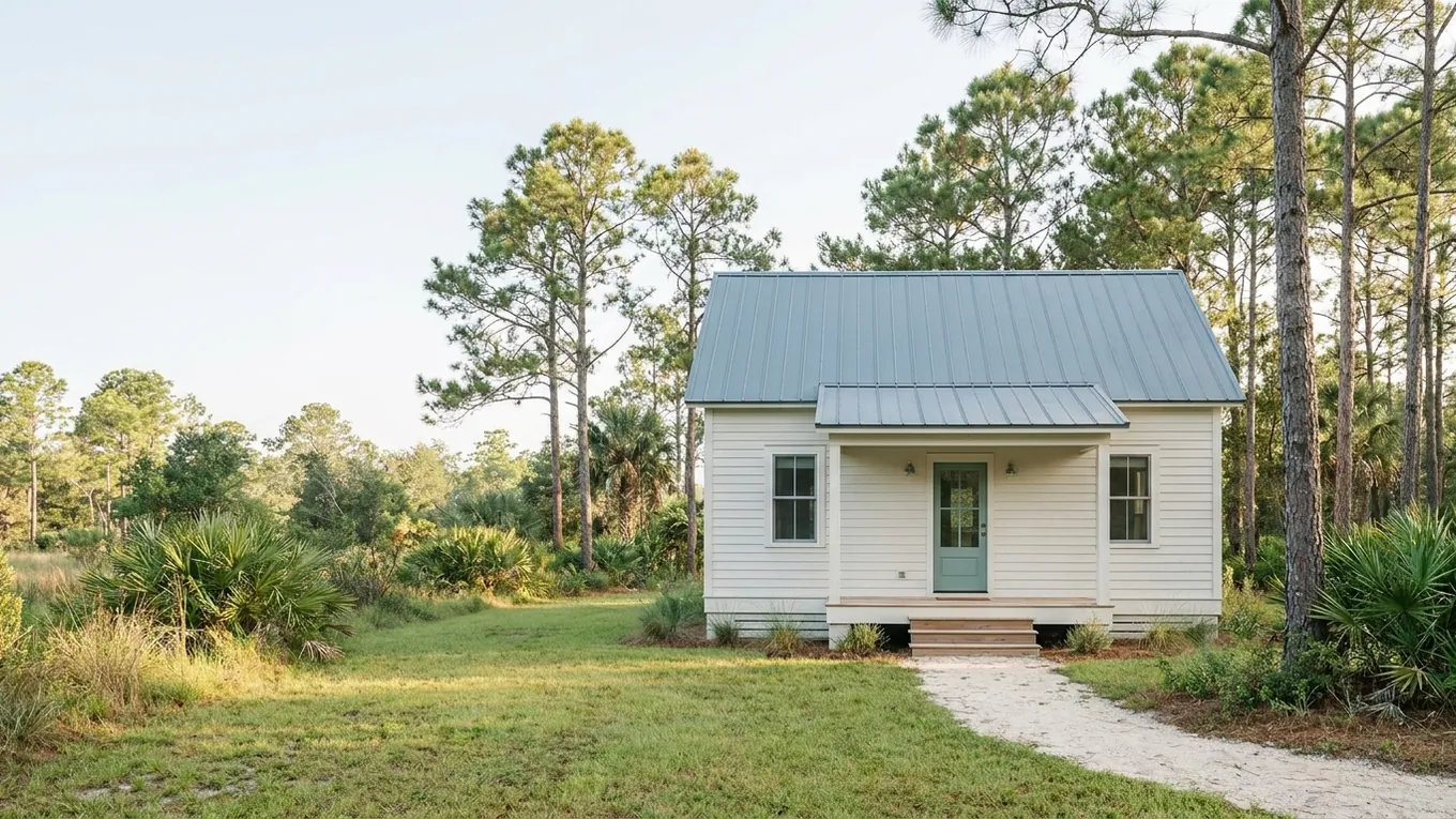 White cottage with a blue-gray roof among pines and palmettos
